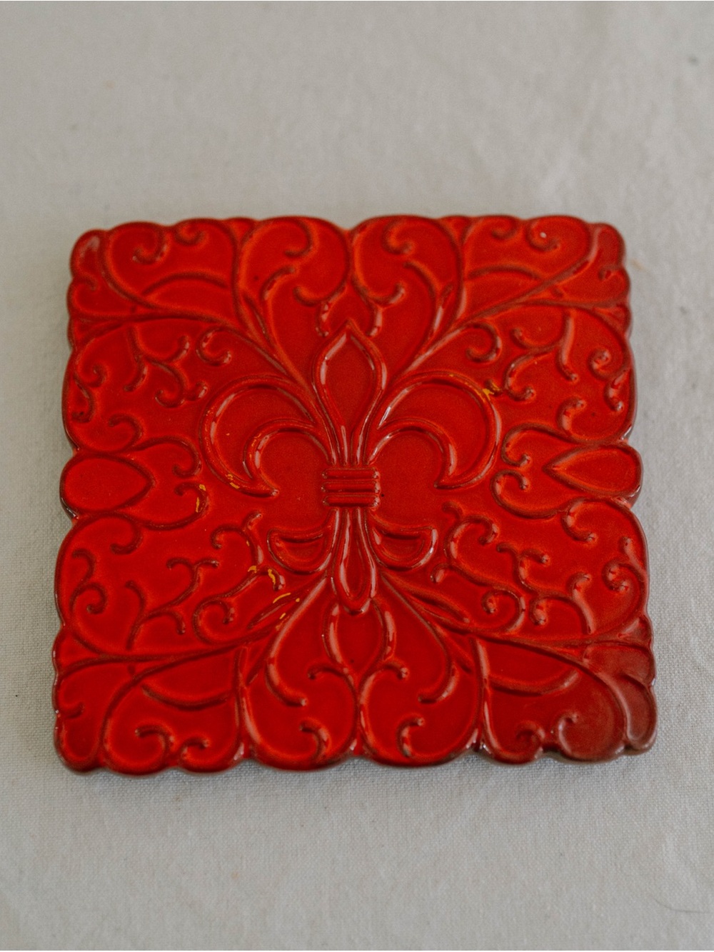 Vintage Frankoma Pottery Red Fleur-de-Lis Trivet / Tile Made in USA